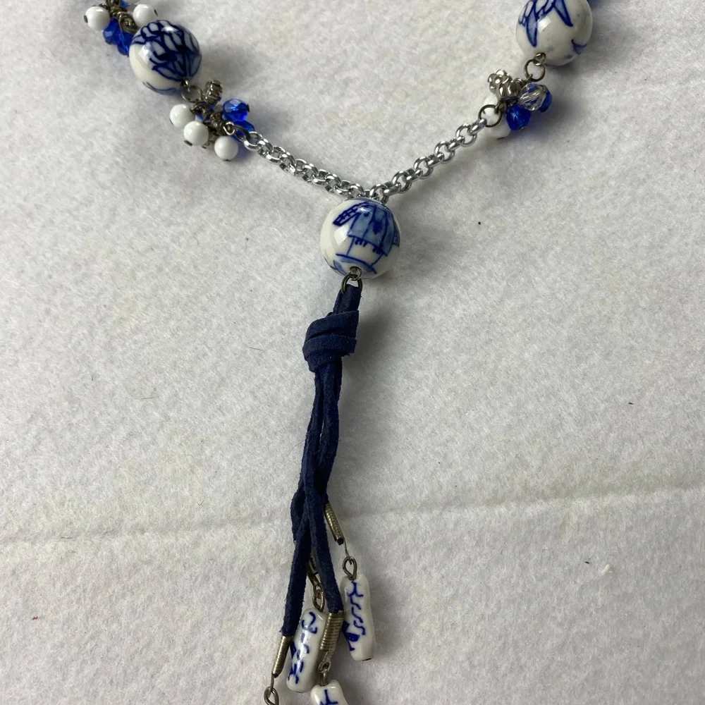 Elegant Blue & White Porcelain Chinoiserie Beaded Tassel Necklace Suede Cord 18”